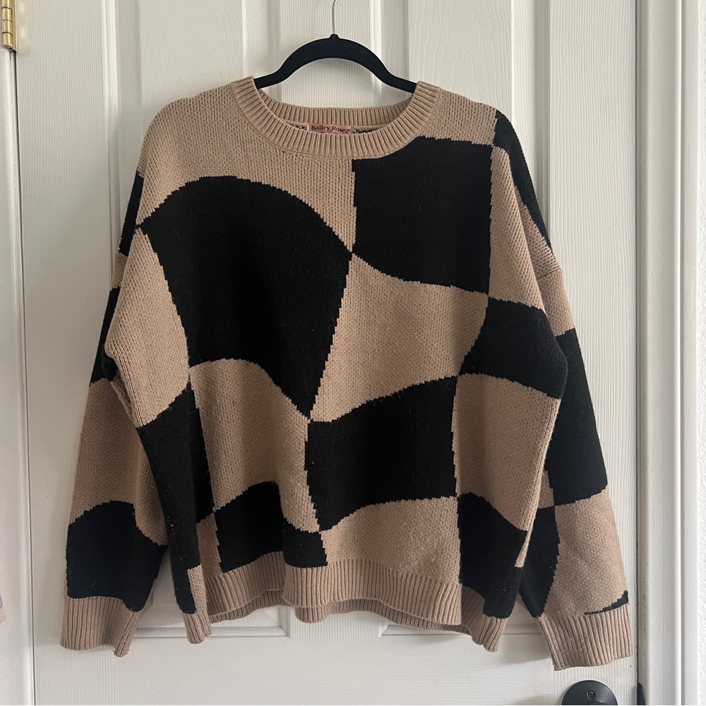 Abstract Tan & Black Checkered Oversized Sweater